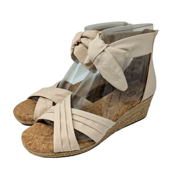Ugg Traci Cream Beige Straw Espadrille Ankle Wrap Wedge Sandals Shoes Size  - Main Image